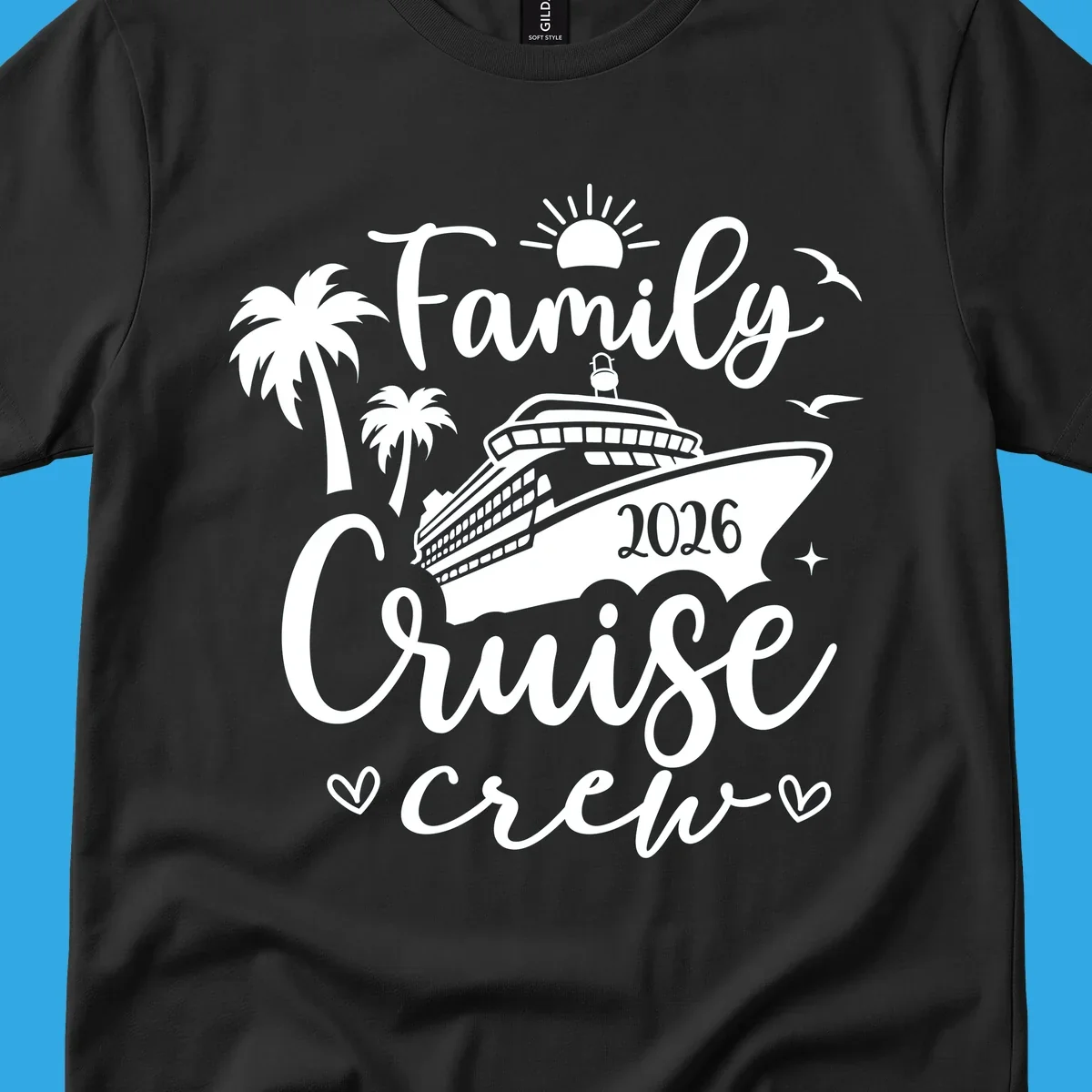 A white (or navy) graphic for a family cruise crew 2026 featuring a cruise ship, palm trees, sun, seagulls, and text.