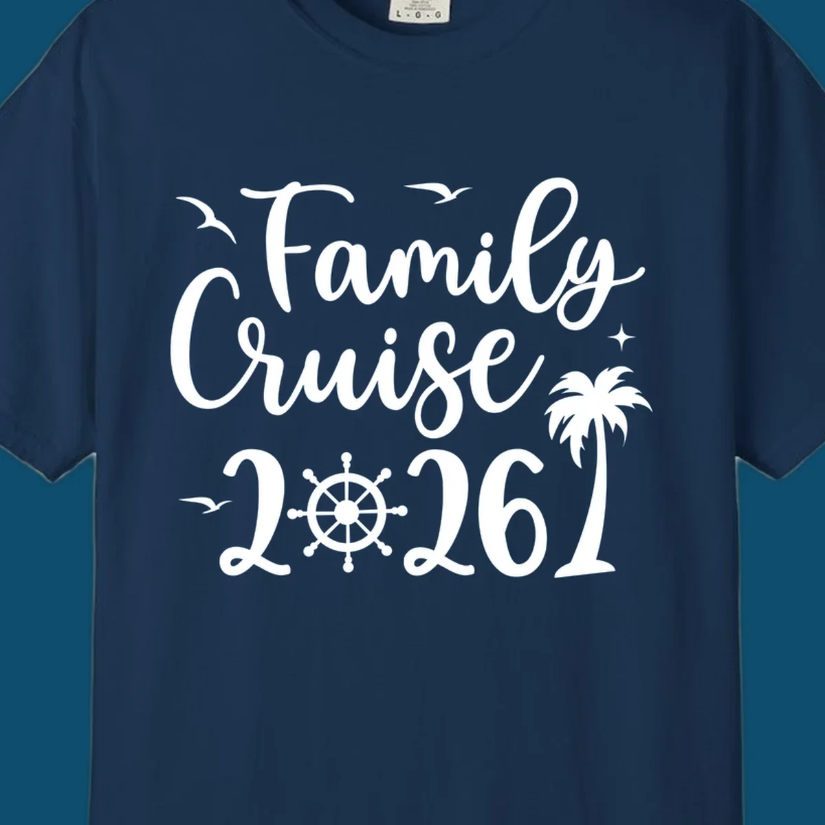 White script text 'Family Cruise 2026' with seagulls, stars, a ship's wheel, and a palm tree, for a family-cruise-2026 shirt.