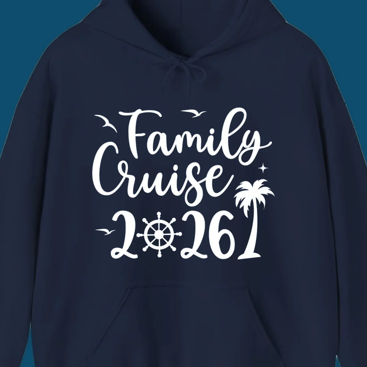 White script text 'Family Cruise 2026' with seagulls, stars, a ship's wheel, and a palm tree, for a family-cruise-2026 shirt.