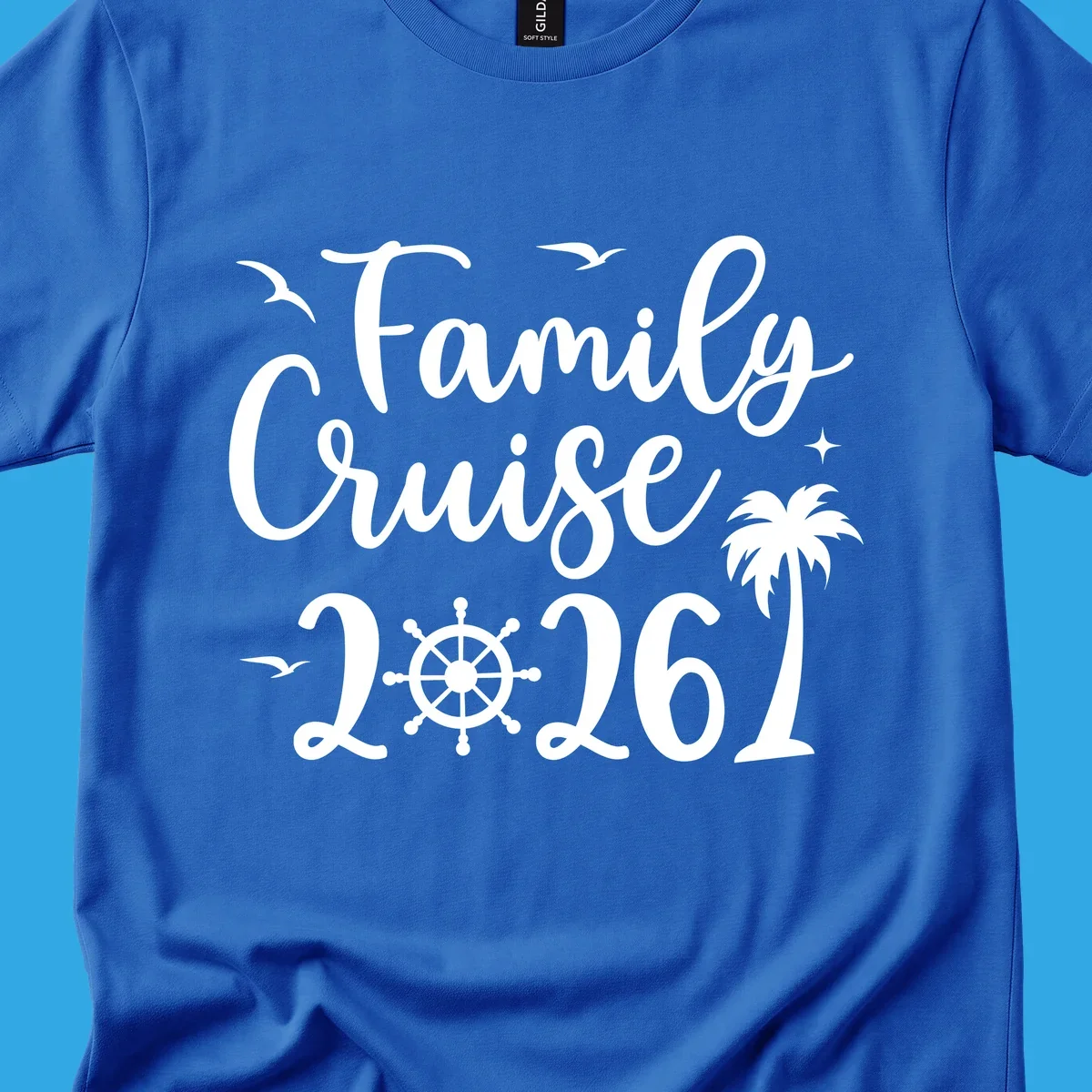 White script text 'Family Cruise 2026' with seagulls, stars, a ship's wheel, and a palm tree, for a family-cruise-2026 shirt.