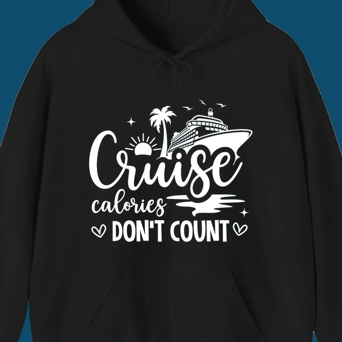A white graphic of a cruise ship, palm tree, sun, and birds with text 'Cruise calories DON'T COUNT' for a cruise-calories-dont-count design.