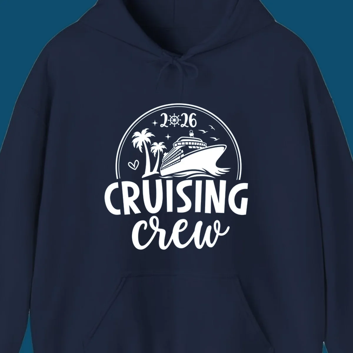 A 2026 cruising crew ship design with a cruise ship, palm trees, birds, stars, and the text '2026 CRUISING CREW'.