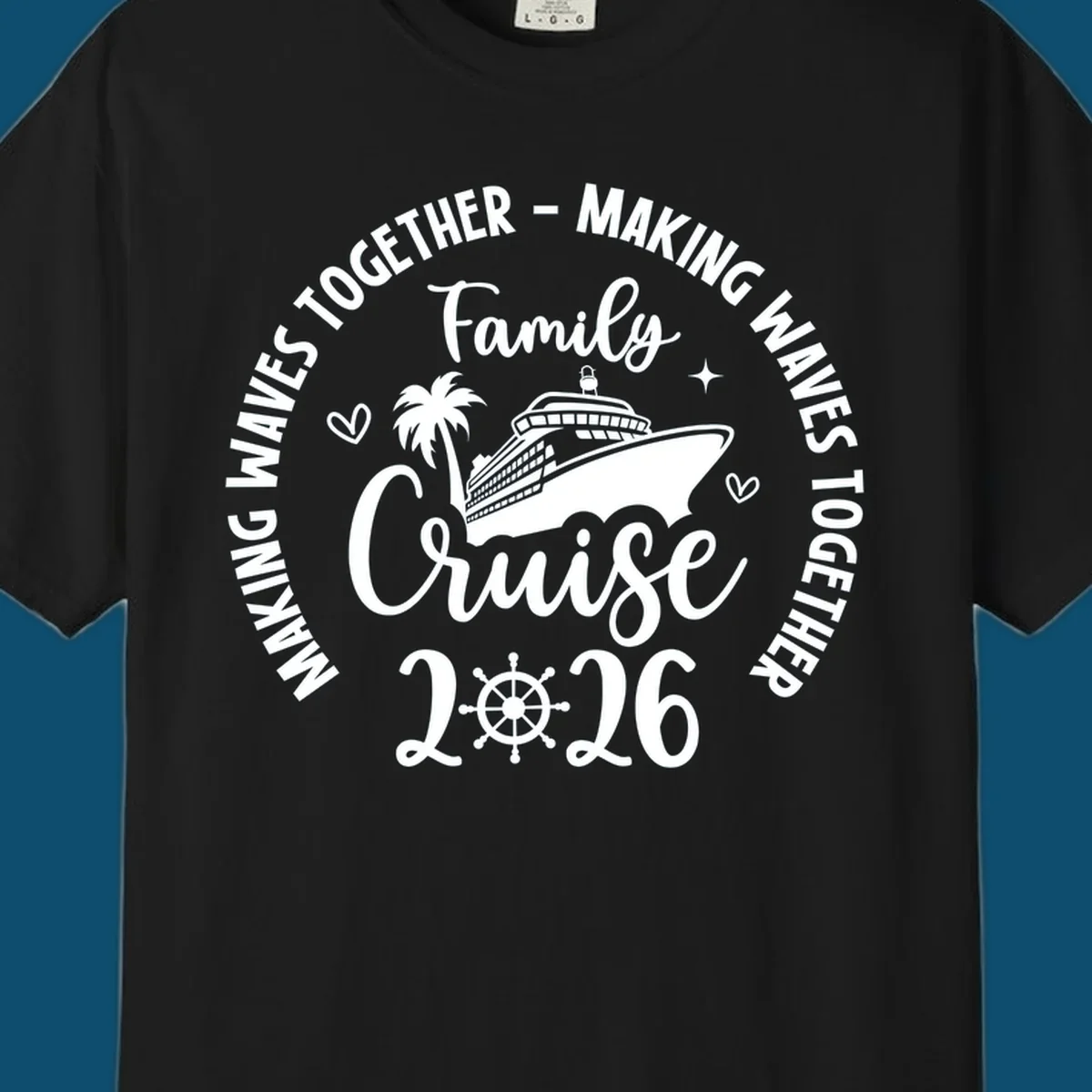 A circular design for a family cruise 2026 making waves, featuring a cruise ship, palm tree, hearts, stars, and a ship's wheel.