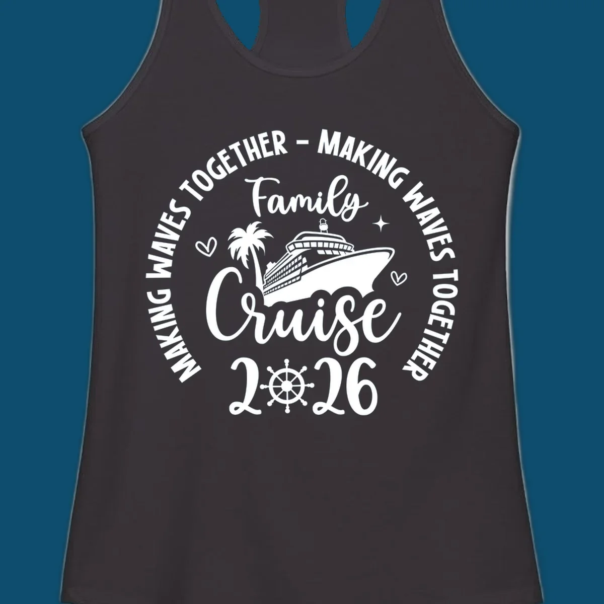 A circular design for a family cruise 2026 making waves, featuring a cruise ship, palm tree, hearts, stars, and a ship's wheel.