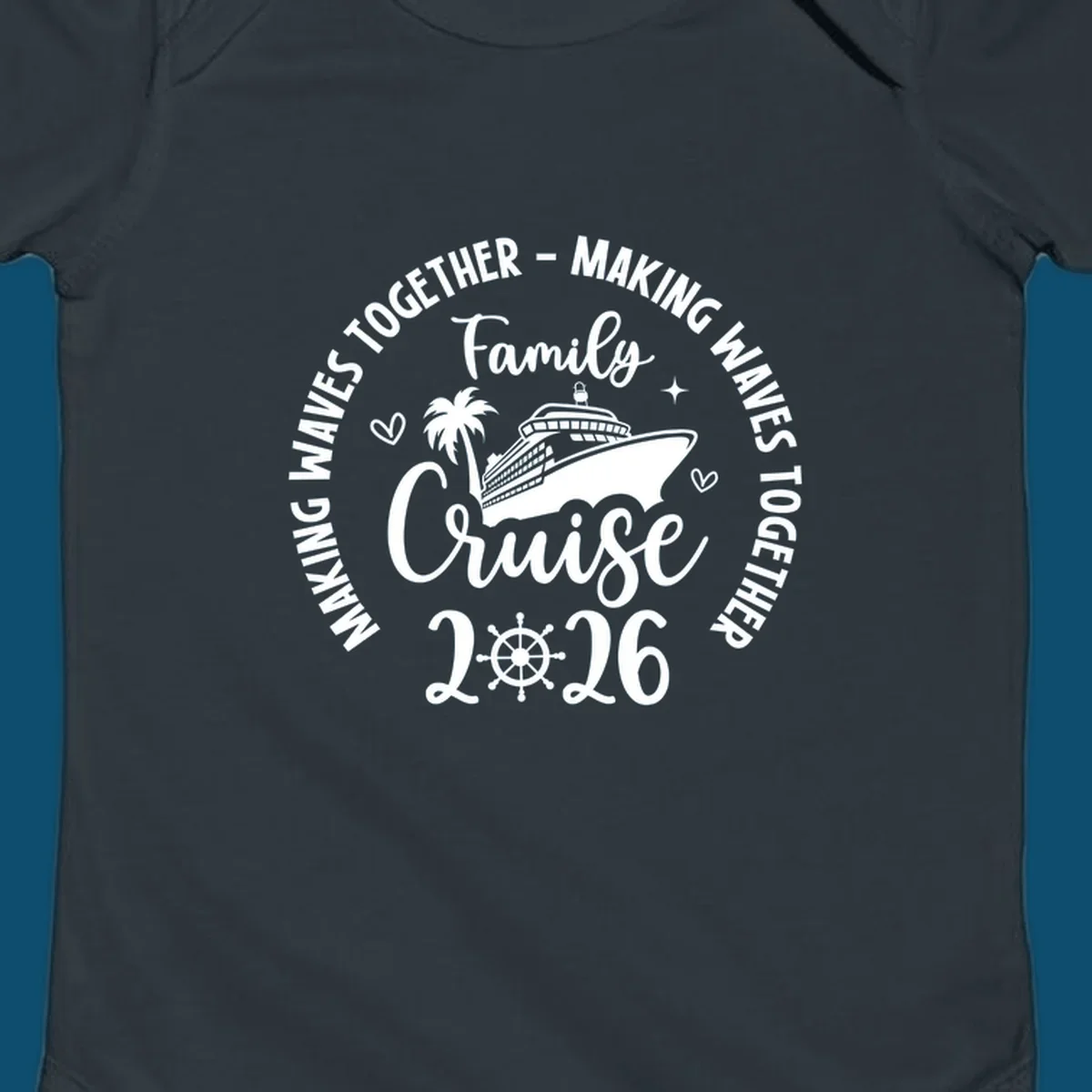 A circular design for a family cruise 2026 making waves, featuring a cruise ship, palm tree, hearts, stars, and a ship's wheel.