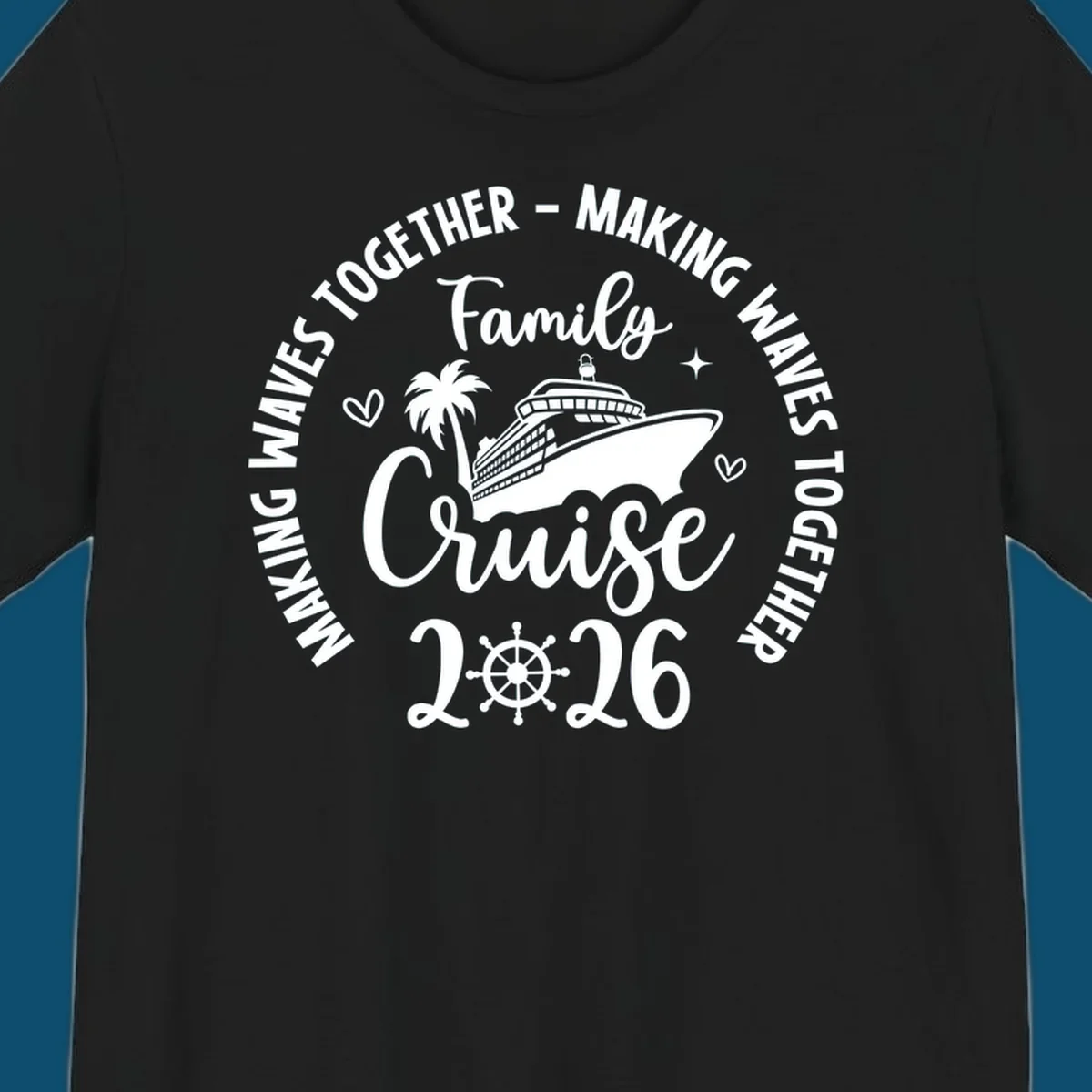 A circular design for a family cruise 2026 making waves, featuring a cruise ship, palm tree, hearts, stars, and a ship's wheel.