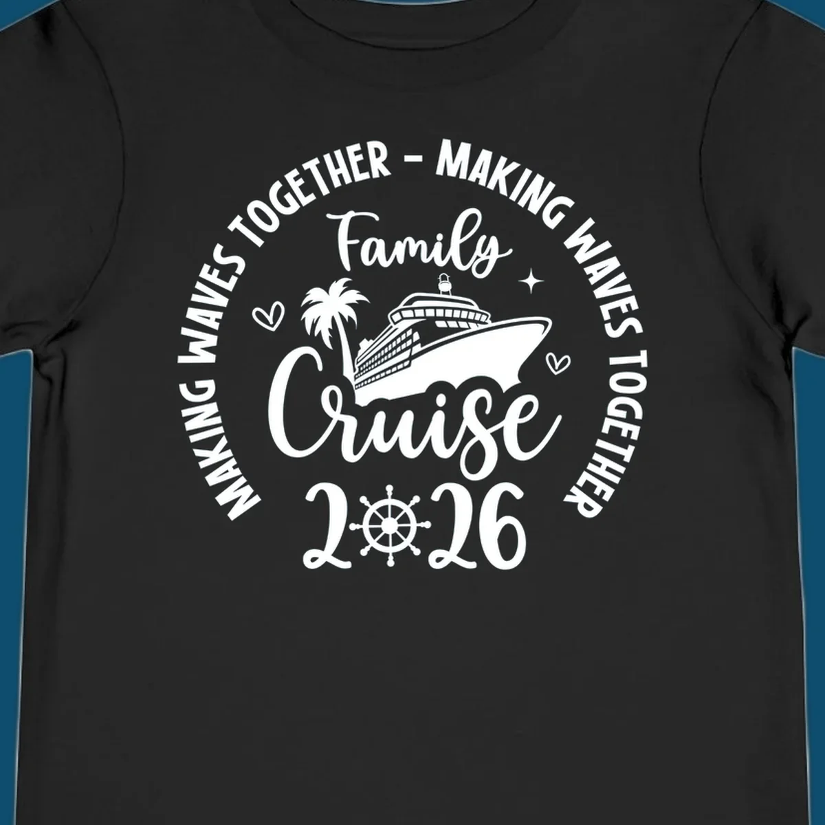 A circular design for a family cruise 2026 making waves, featuring a cruise ship, palm tree, hearts, stars, and a ship's wheel.