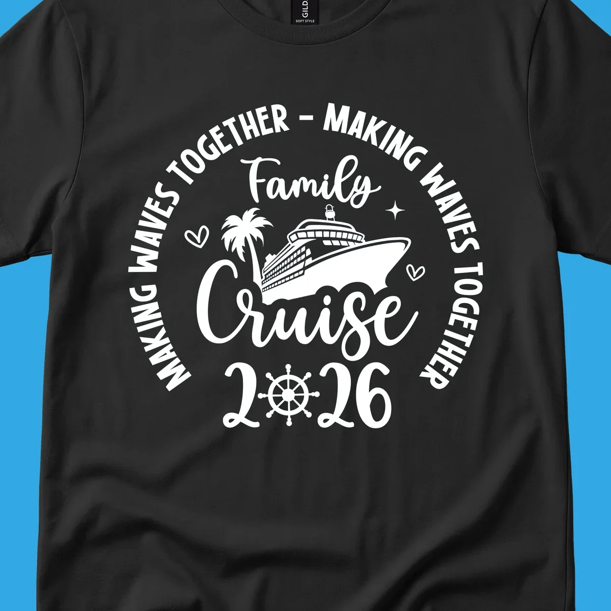 A circular design for a family cruise 2026 making waves, featuring a cruise ship, palm tree, hearts, stars, and a ship's wheel.