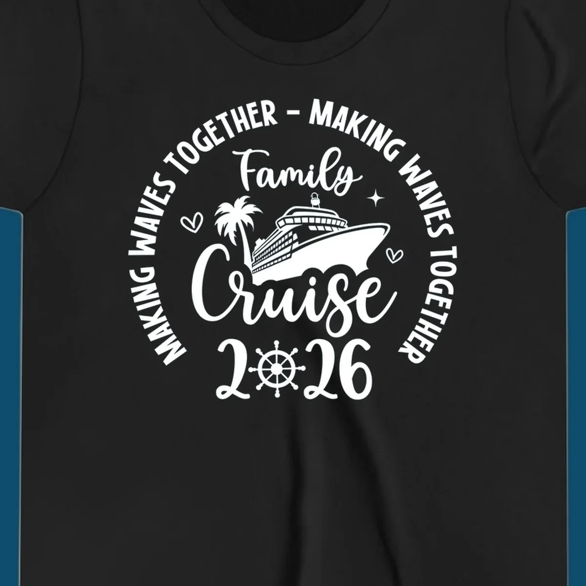 A circular design for a family cruise 2026 making waves, featuring a cruise ship, palm tree, hearts, stars, and a ship's wheel.