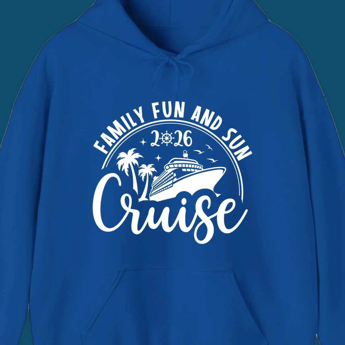 A white graphic design for a Family Fun and Sun Cruise 2026, featuring a cruise ship, palm trees, stars, birds, and a ship's wheel.