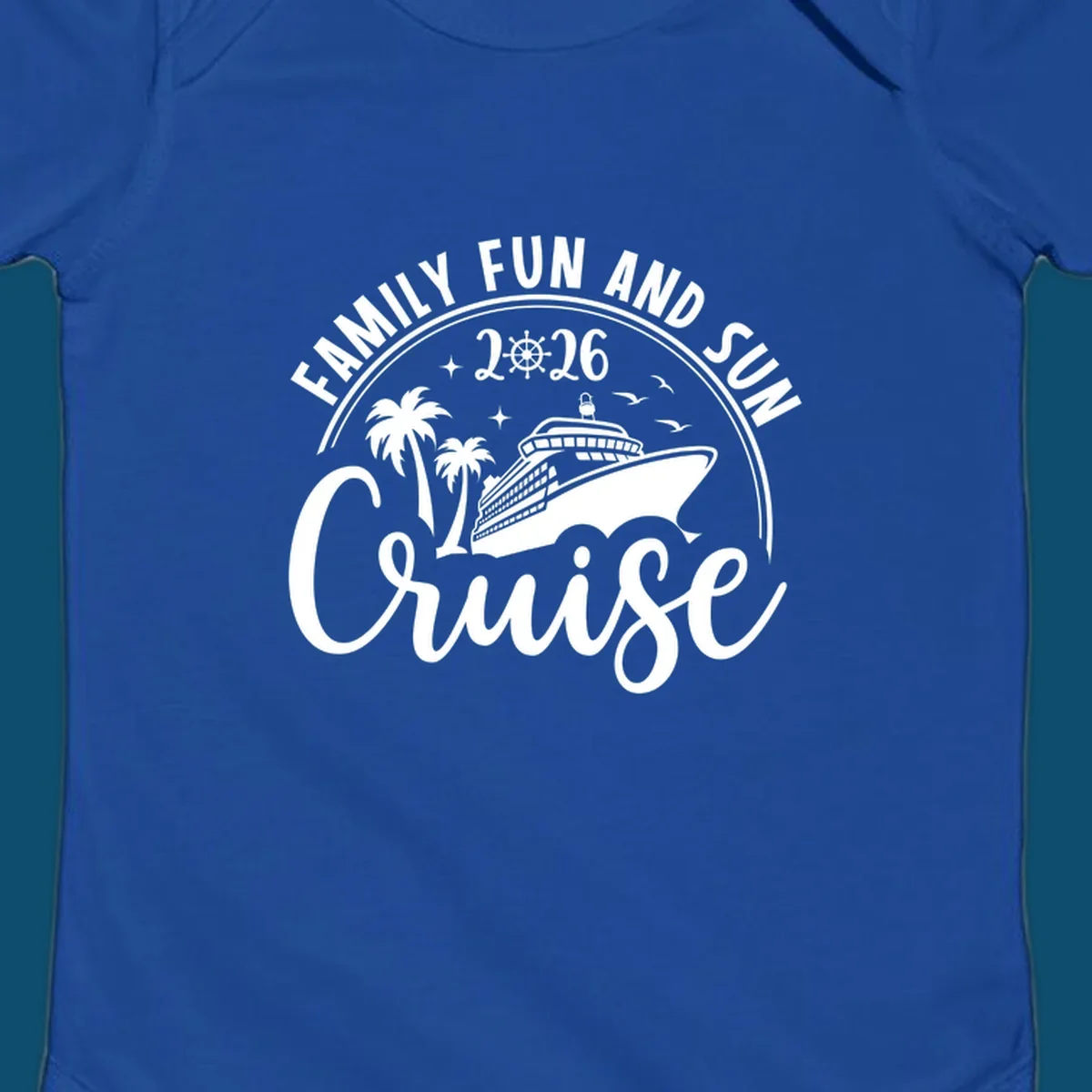 A white graphic design for a Family Fun and Sun Cruise 2026, featuring a cruise ship, palm trees, stars, birds, and a ship's wheel.