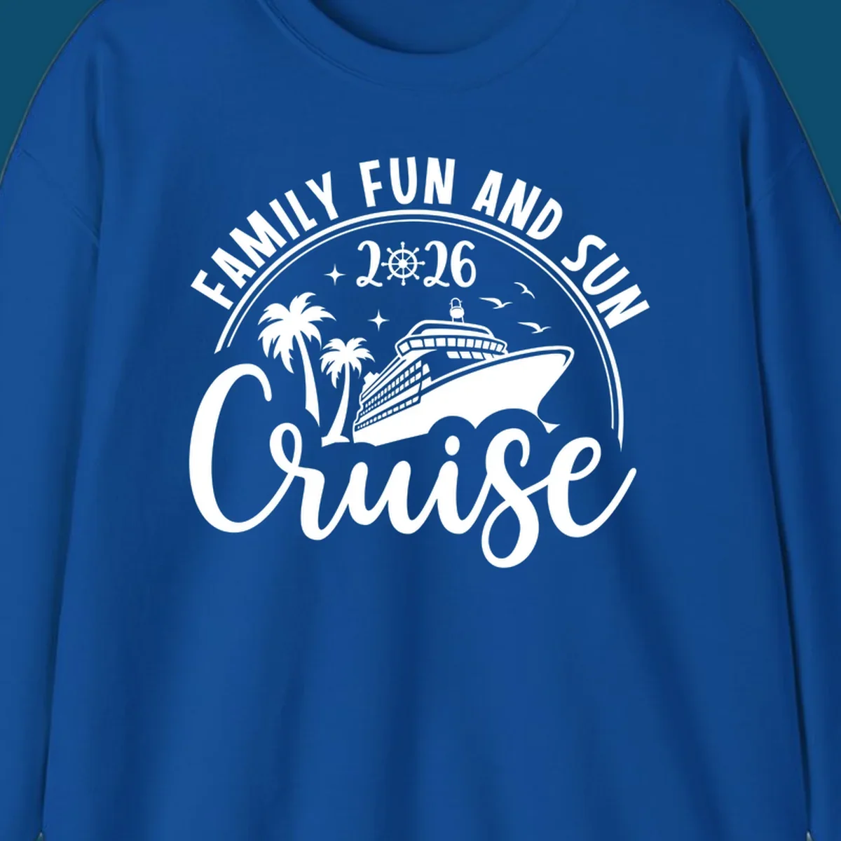 A white graphic design for a Family Fun and Sun Cruise 2026, featuring a cruise ship, palm trees, stars, birds, and a ship's wheel.
