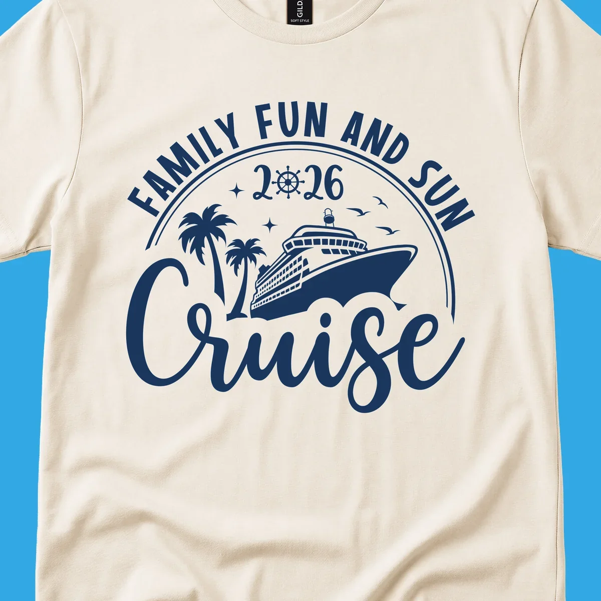 A white graphic design for a Family Fun and Sun Cruise 2026, featuring a cruise ship, palm trees, stars, birds, and a ship's wheel.