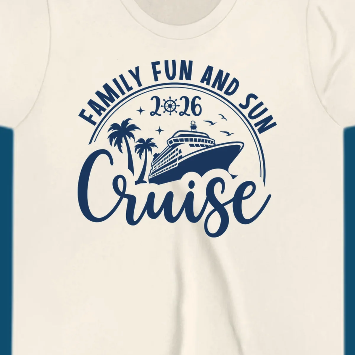 A white graphic design for a Family Fun and Sun Cruise 2026, featuring a cruise ship, palm trees, stars, birds, and a ship's wheel.