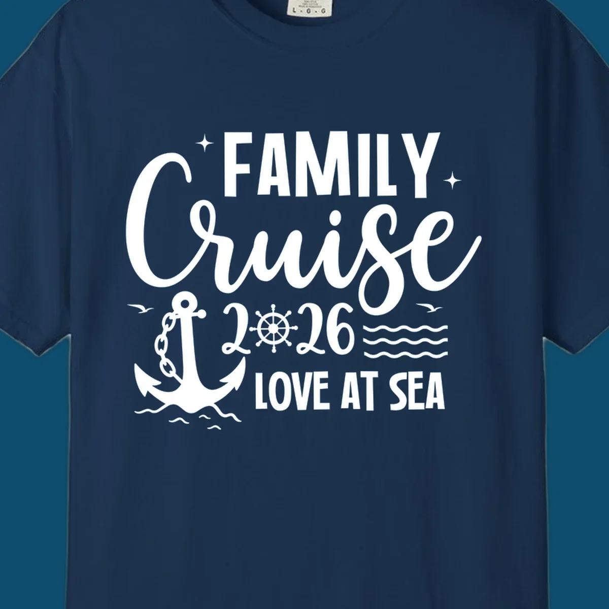A white family cruise 2026 love at sea design featuring an anchor, ship wheel, waves, stars, and seagulls.