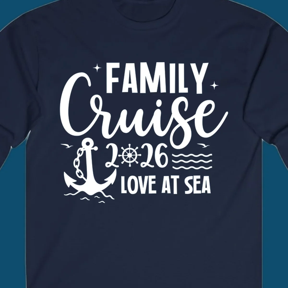 A white family cruise 2026 love at sea design featuring an anchor, ship wheel, waves, stars, and seagulls.