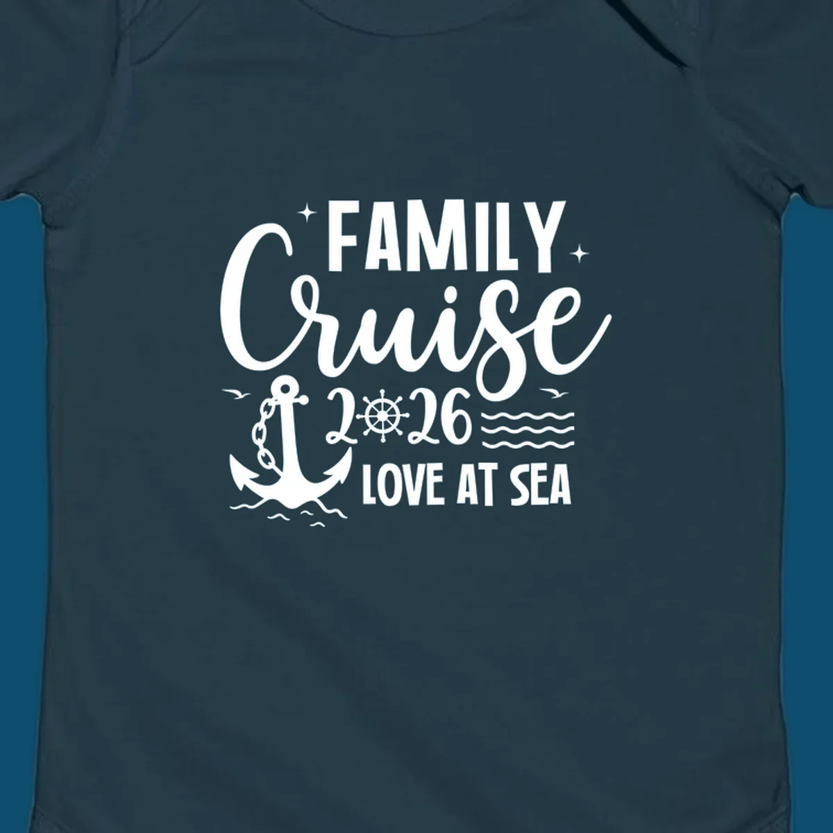 A white family cruise 2026 love at sea design featuring an anchor, ship wheel, waves, stars, and seagulls.