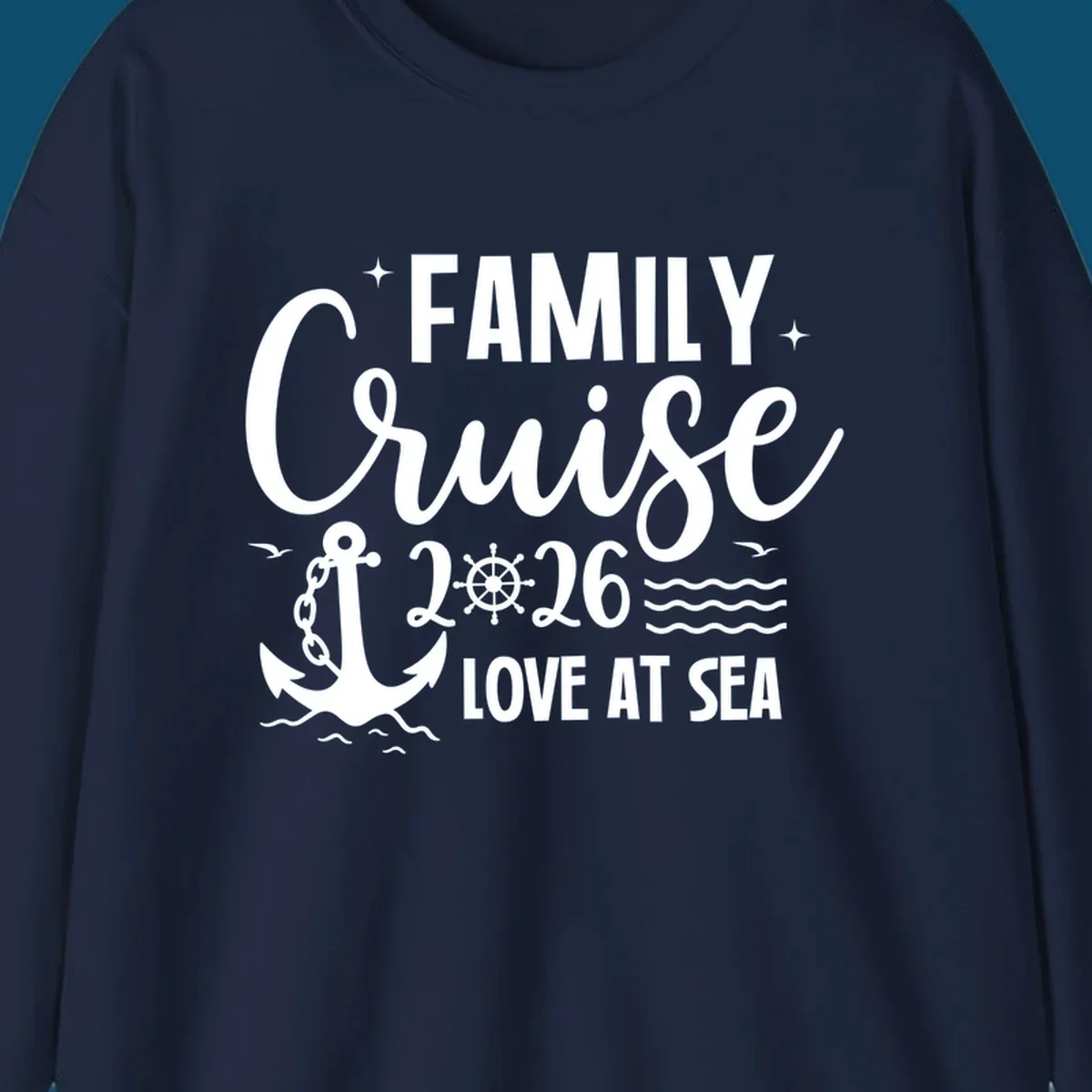 A white family cruise 2026 love at sea design featuring an anchor, ship wheel, waves, stars, and seagulls.