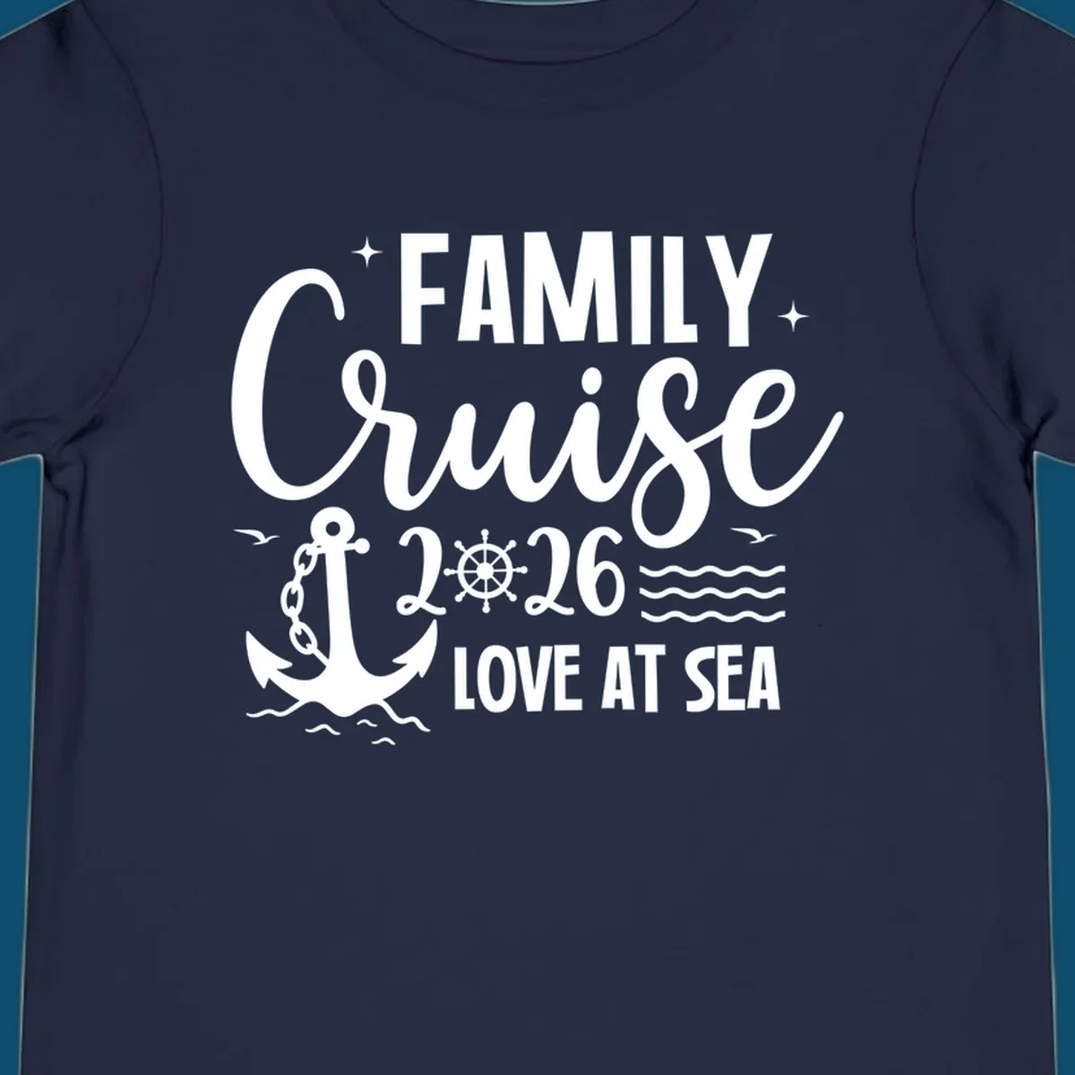 A white family cruise 2026 love at sea design featuring an anchor, ship wheel, waves, stars, and seagulls.