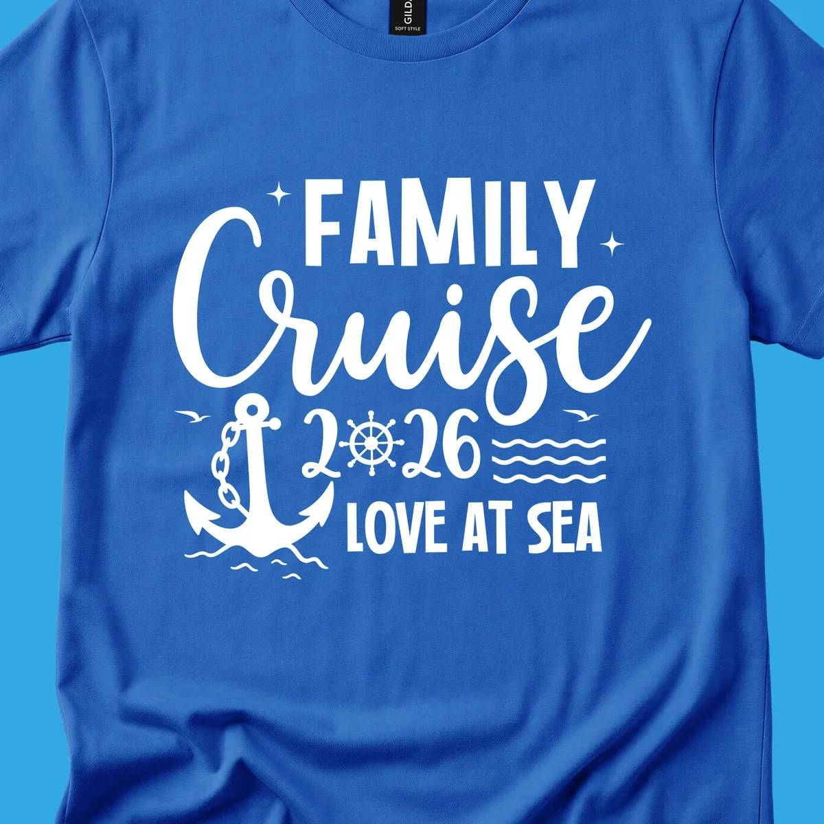 A white family cruise 2026 love at sea design featuring an anchor, ship wheel, waves, stars, and seagulls.
