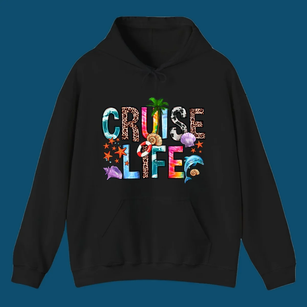 A vibrant 'CRUISE LIFE' design featuring ocean patterns, leopard print, tie-dye, and beach elements like starfish and a dolphin.