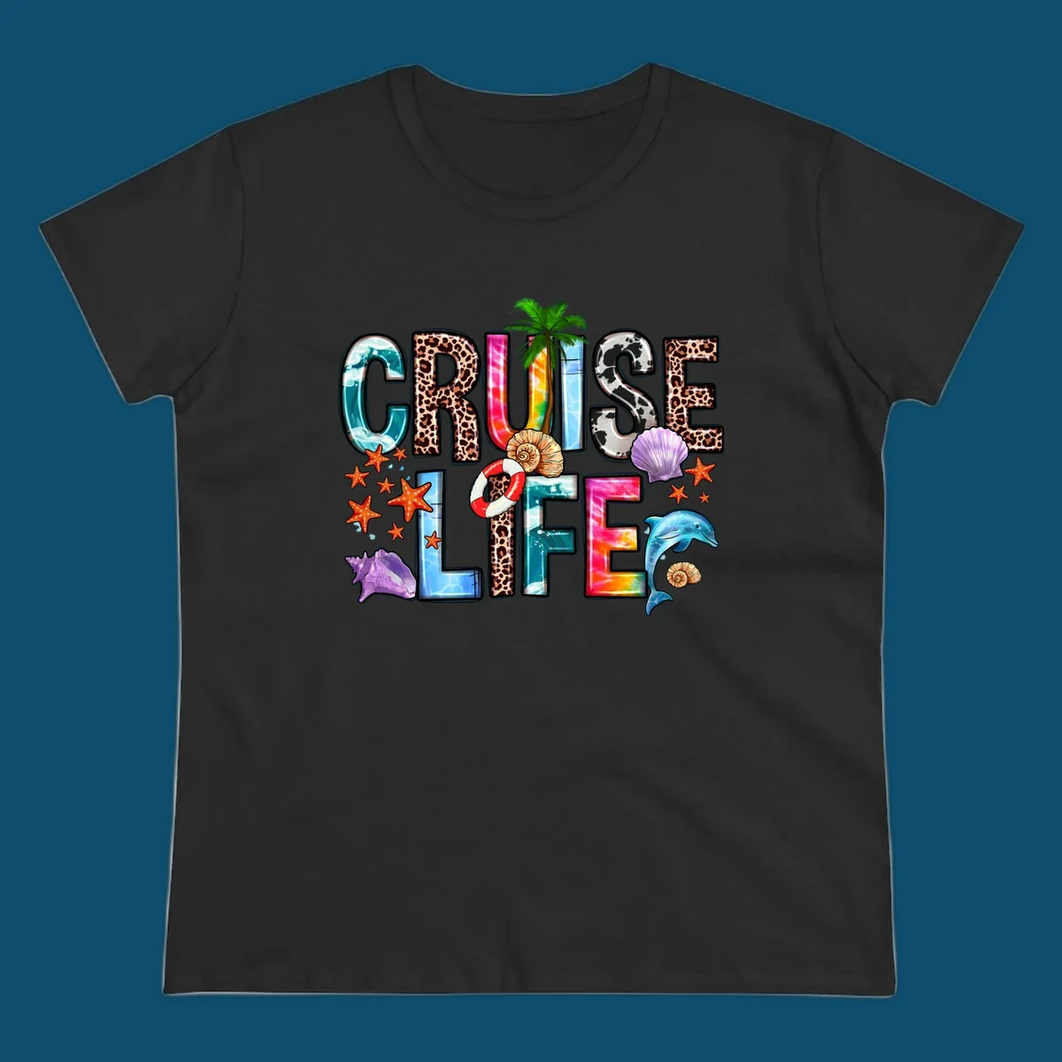 A vibrant 'CRUISE LIFE' design featuring ocean patterns, leopard print, tie-dye, and beach elements like starfish and a dolphin.