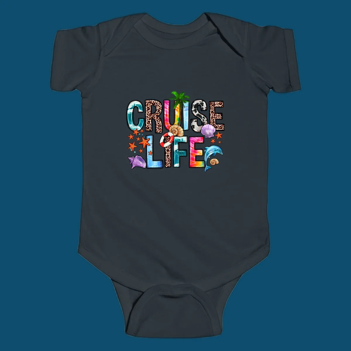 A vibrant 'CRUISE LIFE' design featuring ocean patterns, leopard print, tie-dye, and beach elements like starfish and a dolphin.