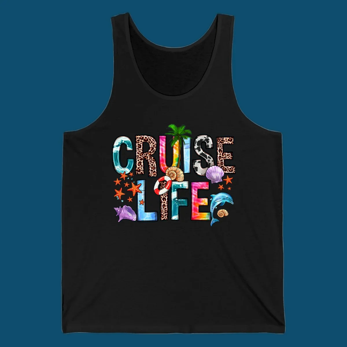 A vibrant 'CRUISE LIFE' design featuring ocean patterns, leopard print, tie-dye, and beach elements like starfish and a dolphin.