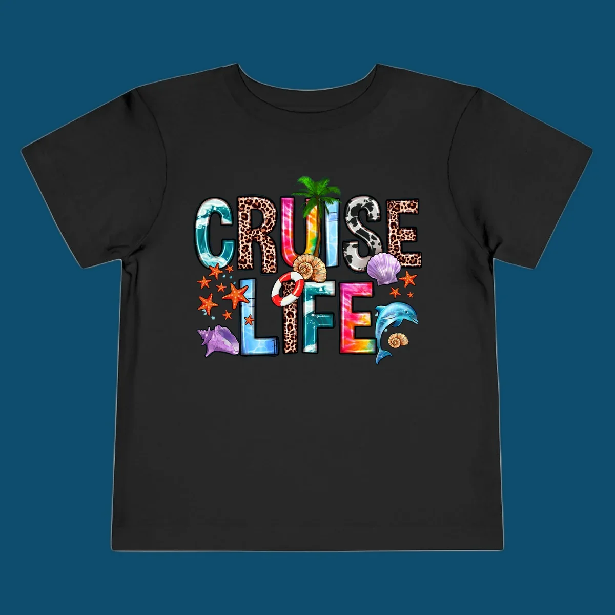 A vibrant 'CRUISE LIFE' design featuring ocean patterns, leopard print, tie-dye, and beach elements like starfish and a dolphin.