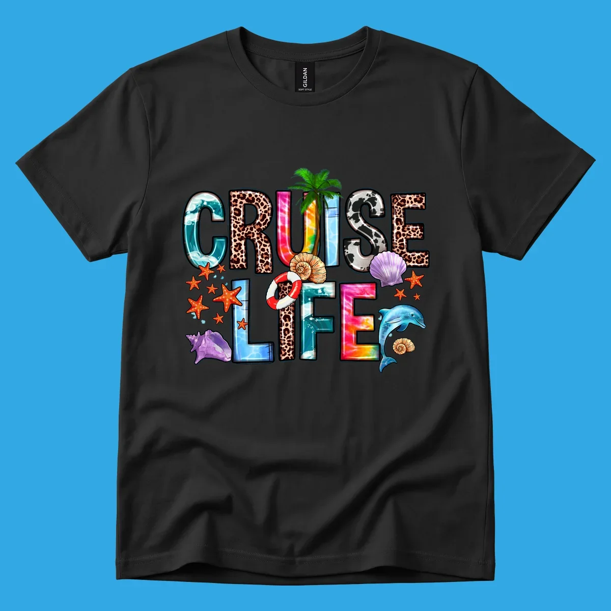 A vibrant 'CRUISE LIFE' design featuring ocean patterns, leopard print, tie-dye, and beach elements like starfish and a dolphin.