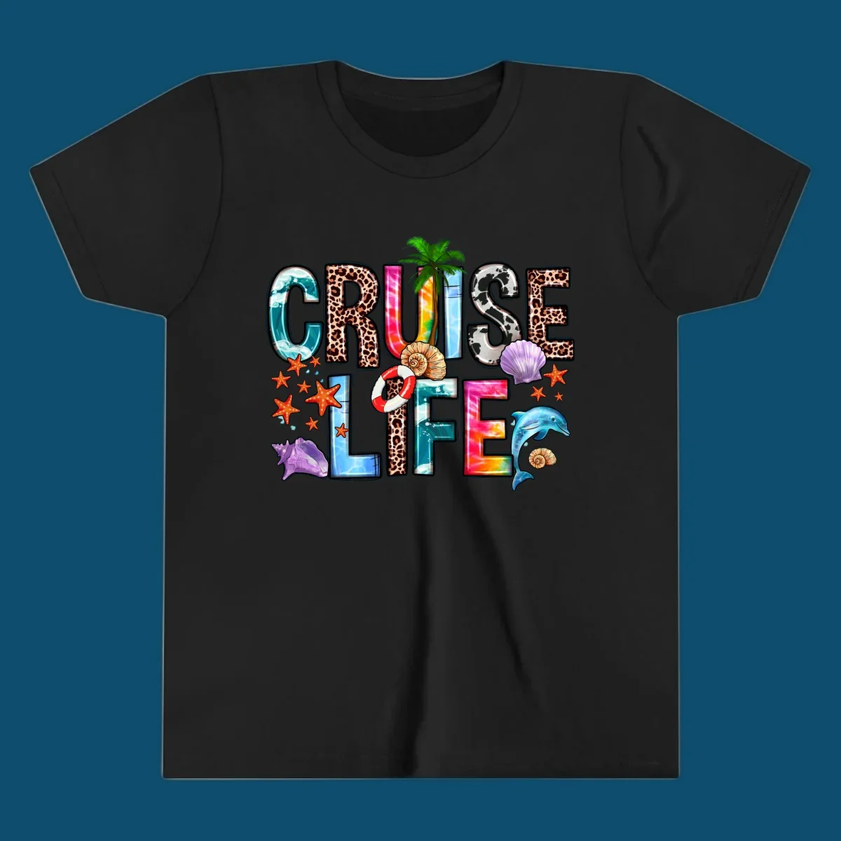 A vibrant 'CRUISE LIFE' design featuring ocean patterns, leopard print, tie-dye, and beach elements like starfish and a dolphin.