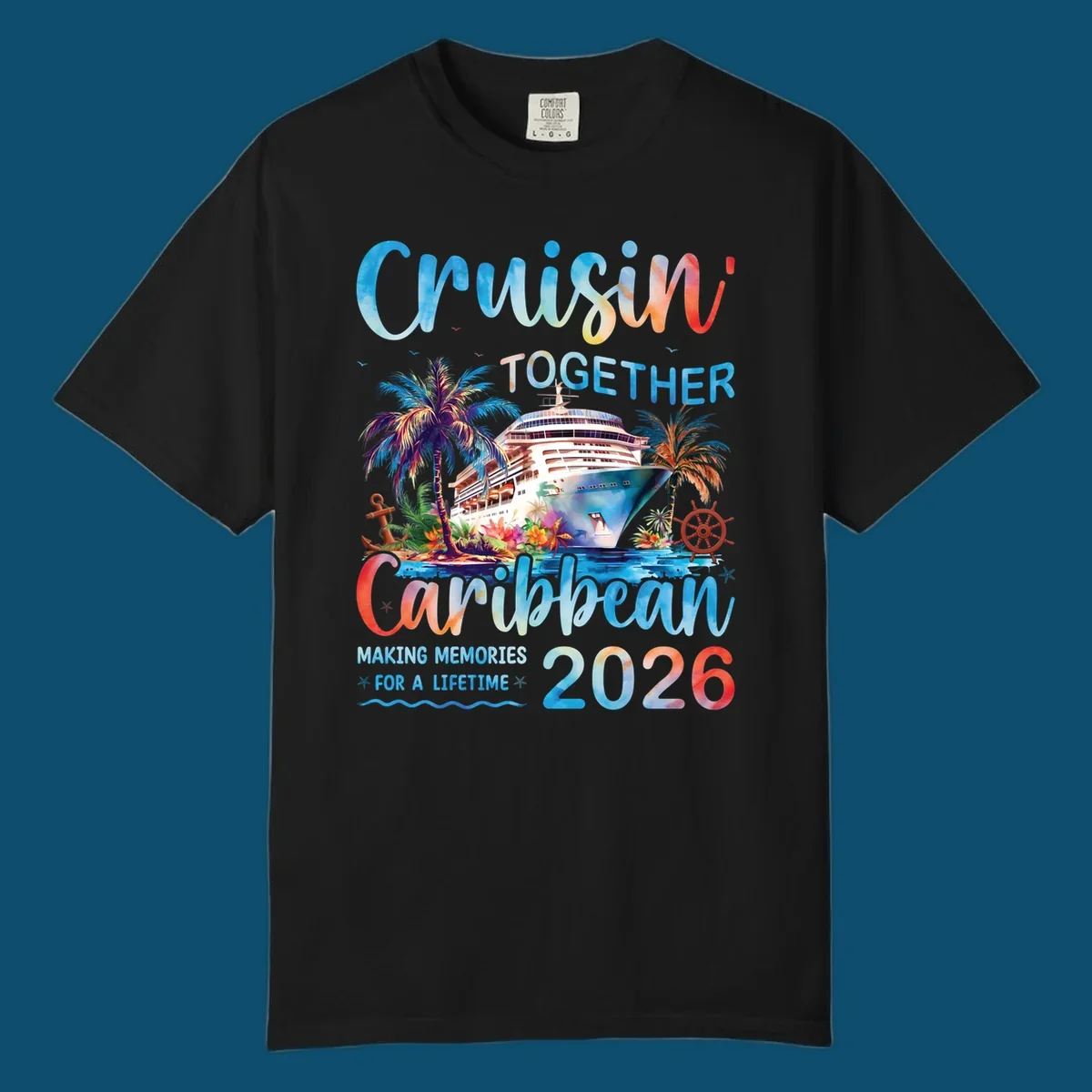 Vibrant watercolor design for a cruisin-together-caribbean-2026 trip, featuring a cruise ship, palm trees, and tropical elements.