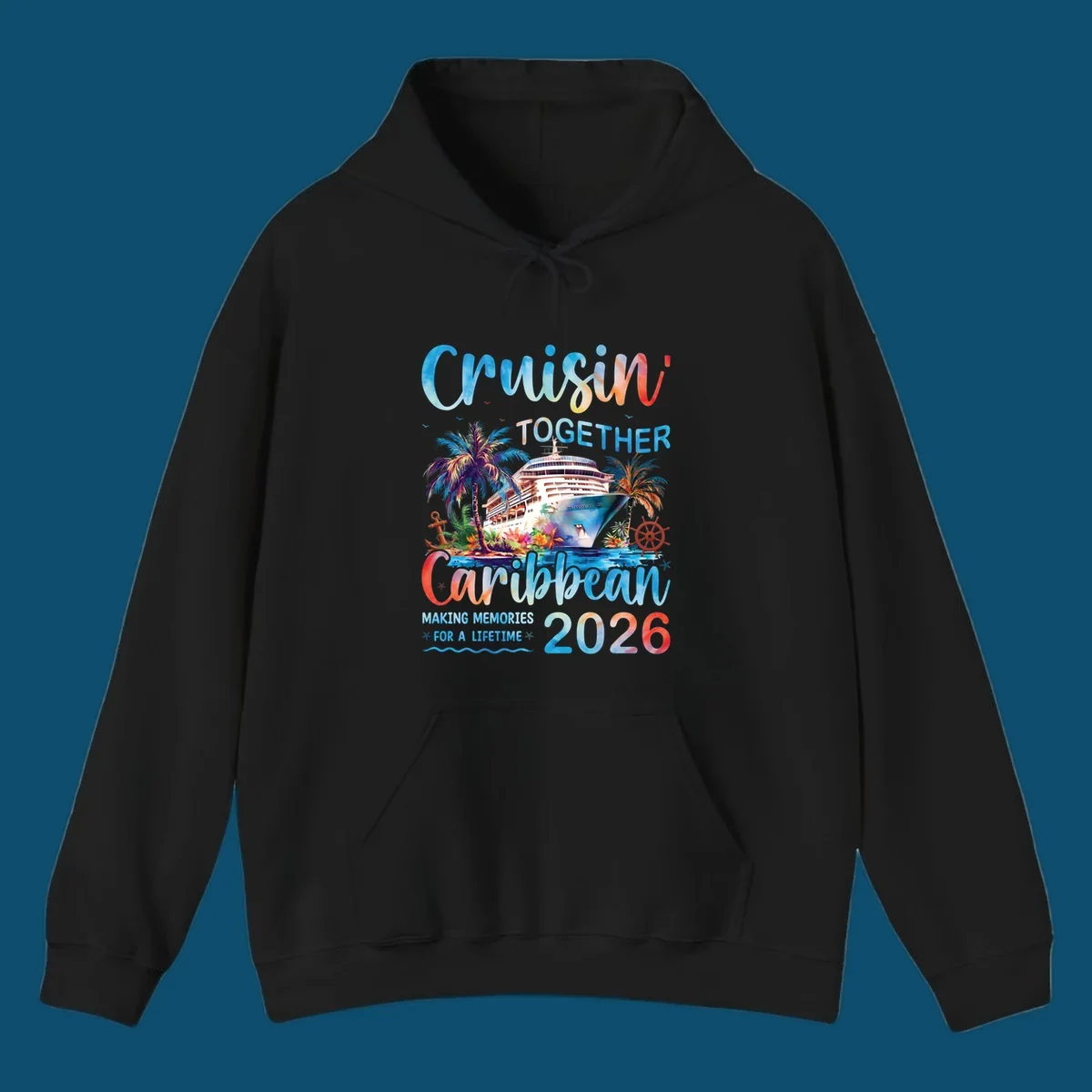 Vibrant watercolor design for a cruisin-together-caribbean-2026 trip, featuring a cruise ship, palm trees, and tropical elements.
