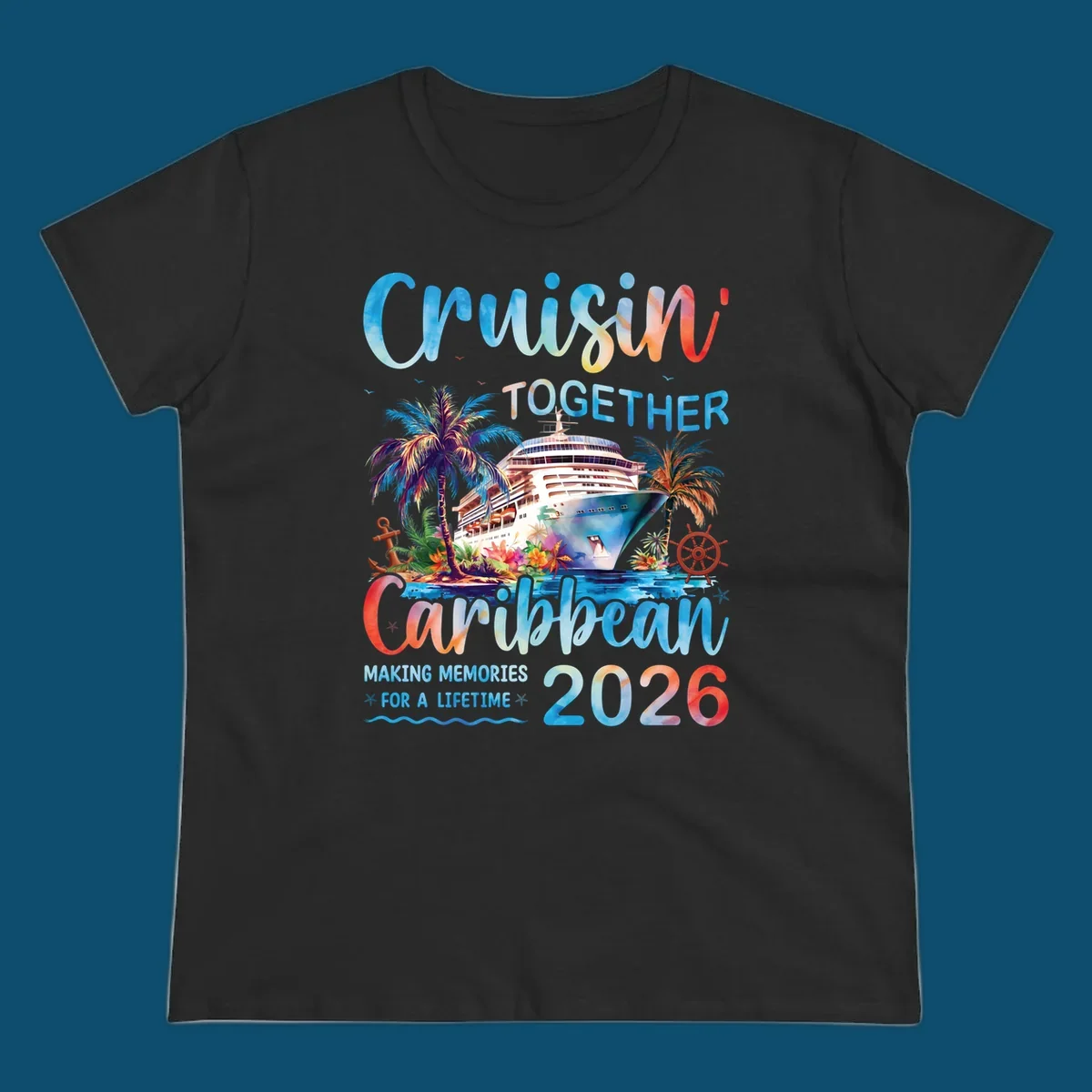 Vibrant watercolor design for a cruisin-together-caribbean-2026 trip, featuring a cruise ship, palm trees, and tropical elements.