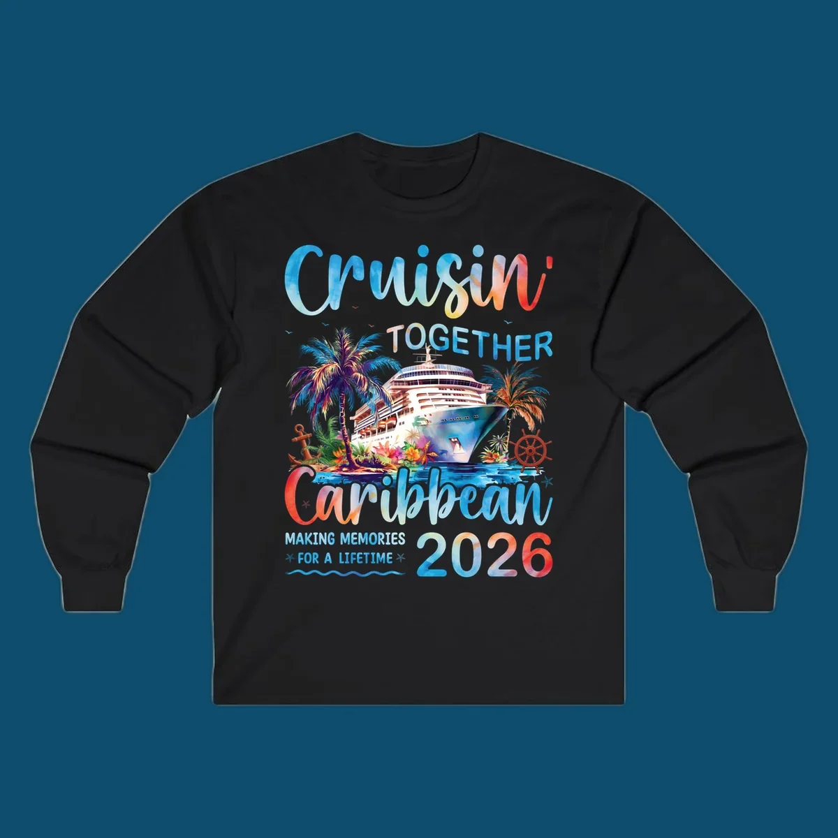 Vibrant watercolor design for a cruisin-together-caribbean-2026 trip, featuring a cruise ship, palm trees, and tropical elements.