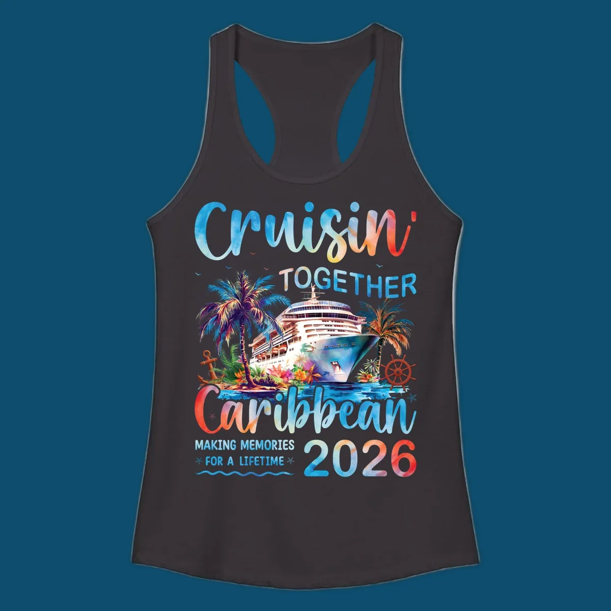 Vibrant watercolor design for a cruisin-together-caribbean-2026 trip, featuring a cruise ship, palm trees, and tropical elements.