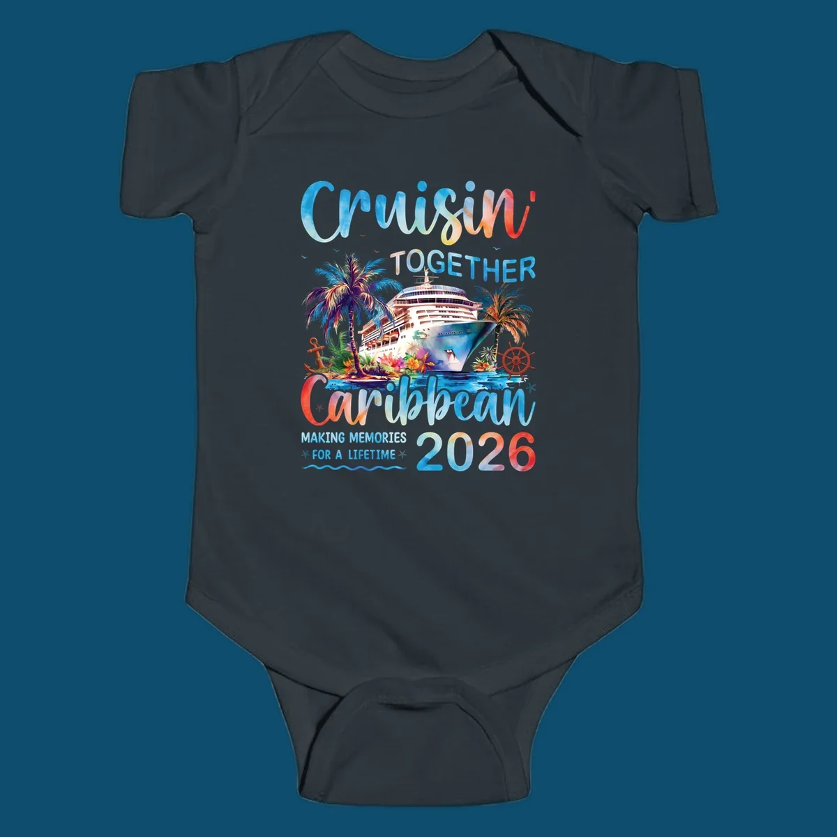 Vibrant watercolor design for a cruisin-together-caribbean-2026 trip, featuring a cruise ship, palm trees, and tropical elements.