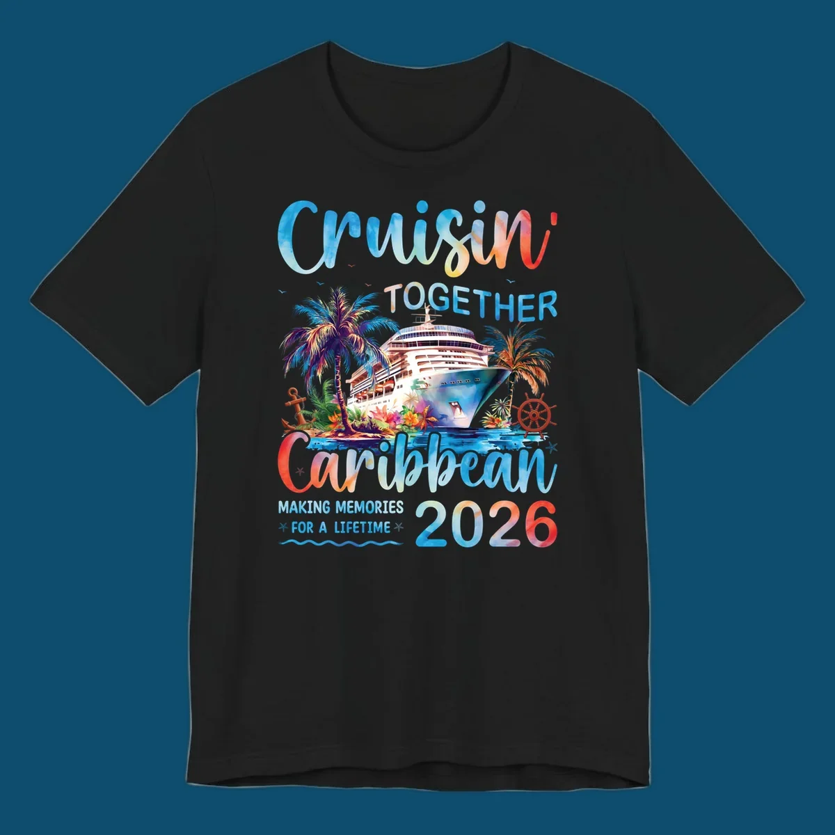 Vibrant watercolor design for a cruisin-together-caribbean-2026 trip, featuring a cruise ship, palm trees, and tropical elements.