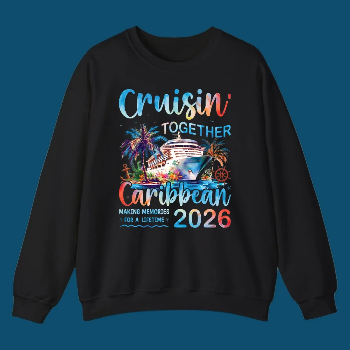 Vibrant watercolor design for a cruisin-together-caribbean-2026 trip, featuring a cruise ship, palm trees, and tropical elements.