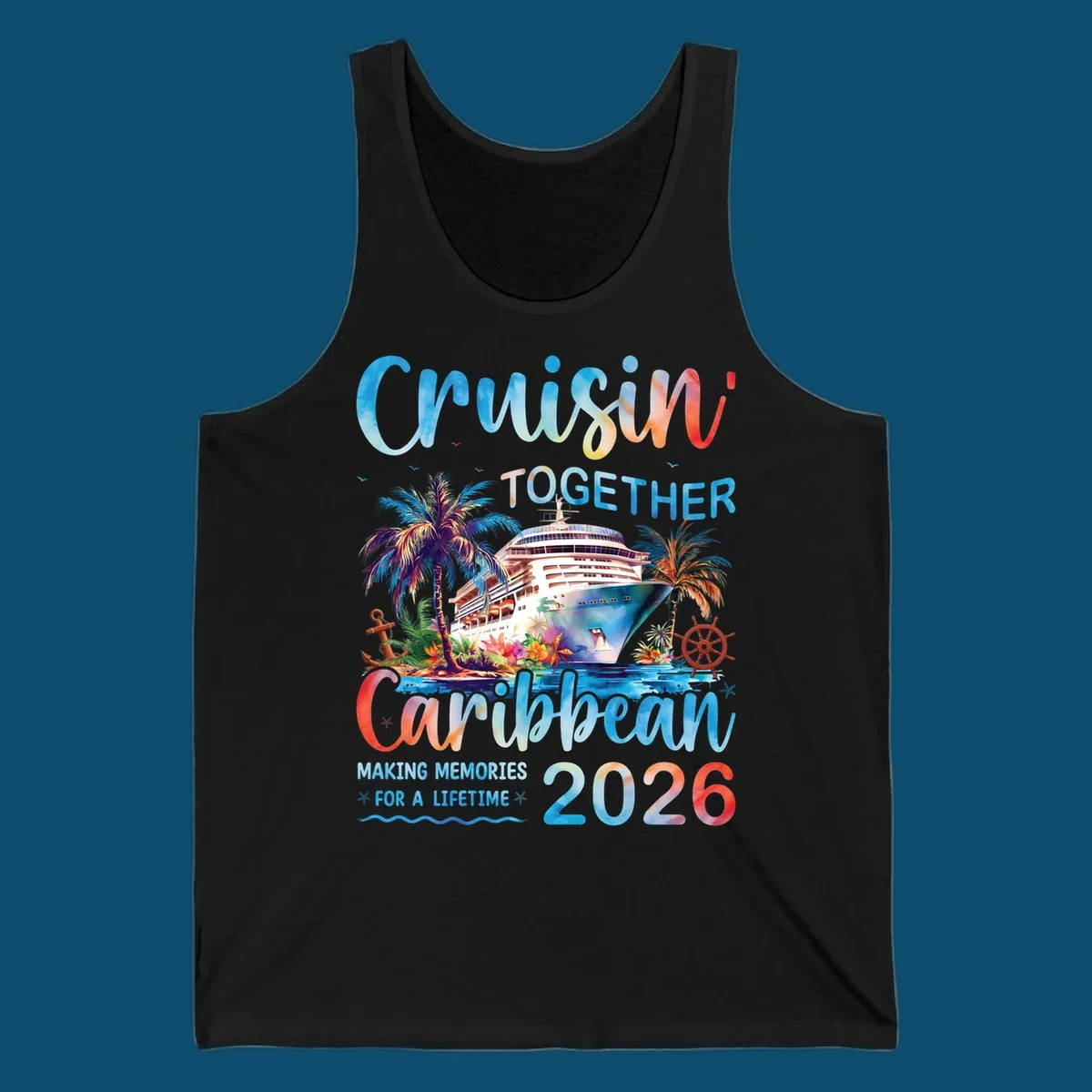 Vibrant watercolor design for a cruisin-together-caribbean-2026 trip, featuring a cruise ship, palm trees, and tropical elements.