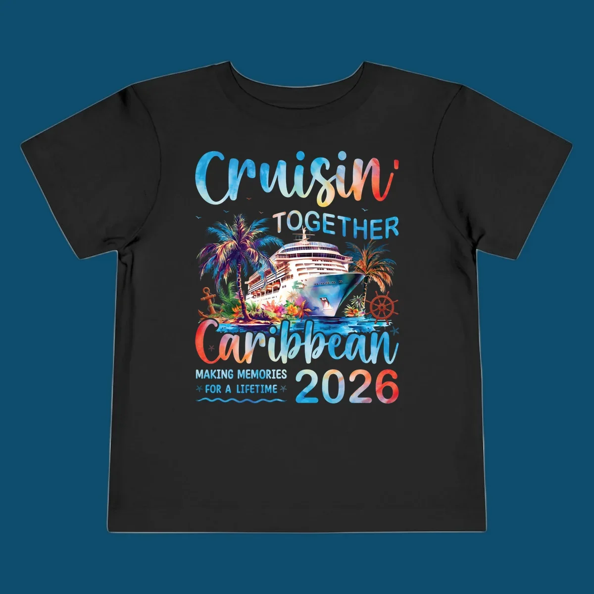 Vibrant watercolor design for a cruisin-together-caribbean-2026 trip, featuring a cruise ship, palm trees, and tropical elements.
