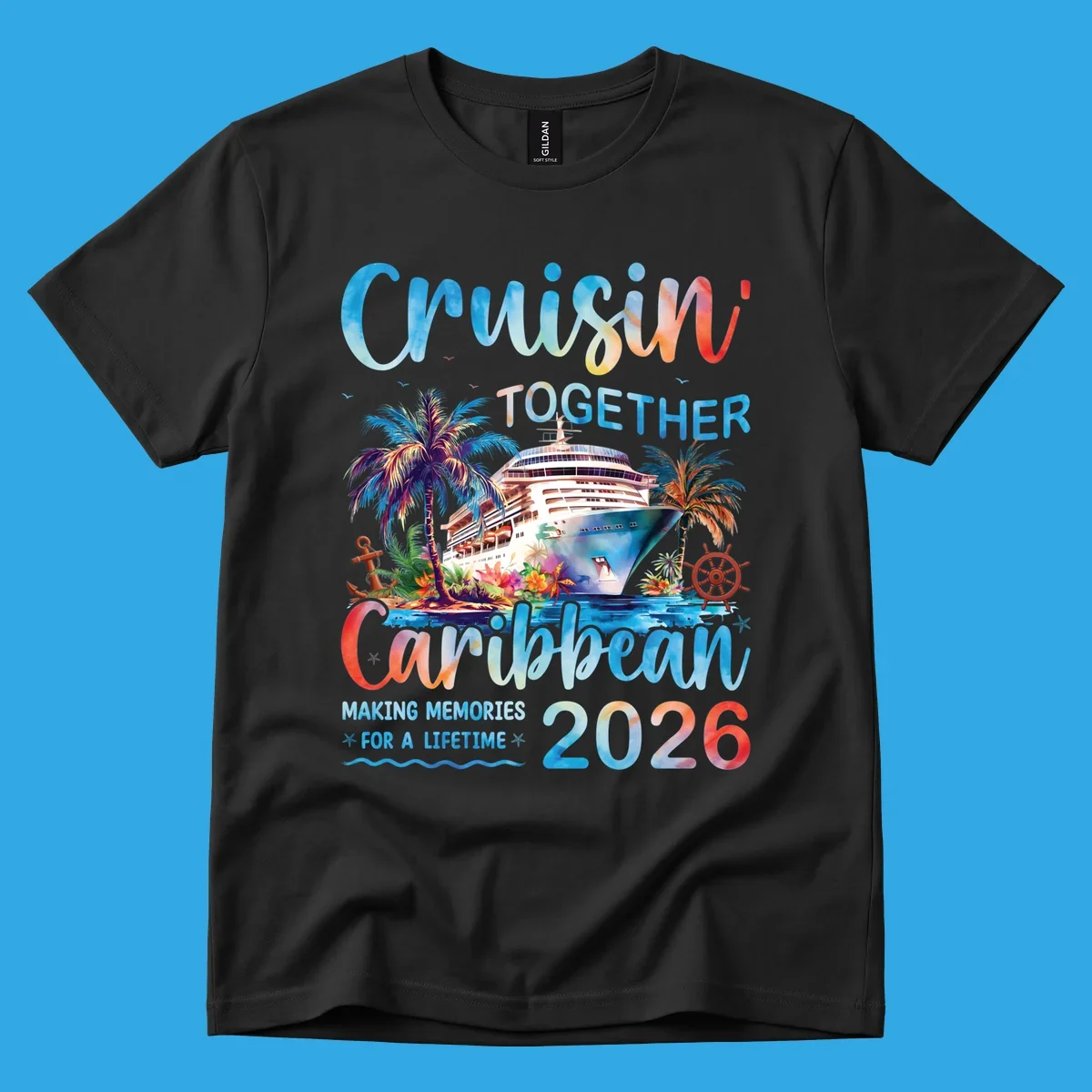 Vibrant watercolor design for a cruisin-together-caribbean-2026 trip, featuring a cruise ship, palm trees, and tropical elements.