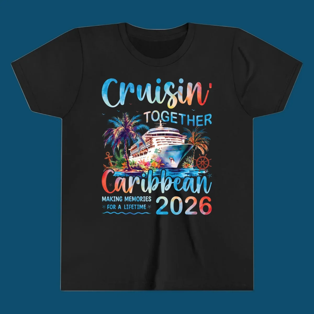 Vibrant watercolor design for a cruisin-together-caribbean-2026 trip, featuring a cruise ship, palm trees, and tropical elements.
