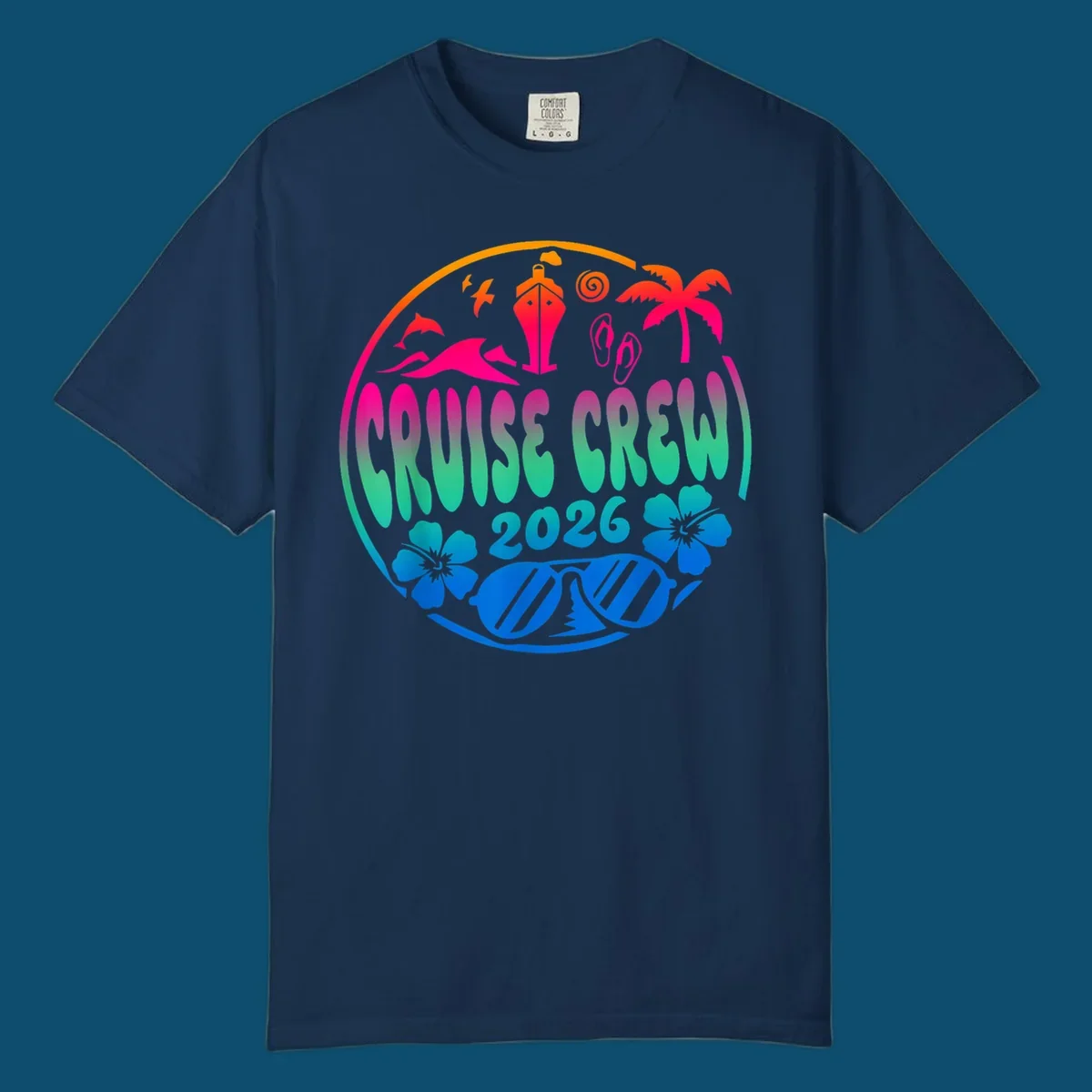 A colorful circular graphic for a family cruise crew 2026, featuring a ship, palm tree, dolphins, flowers, and sunglasses.