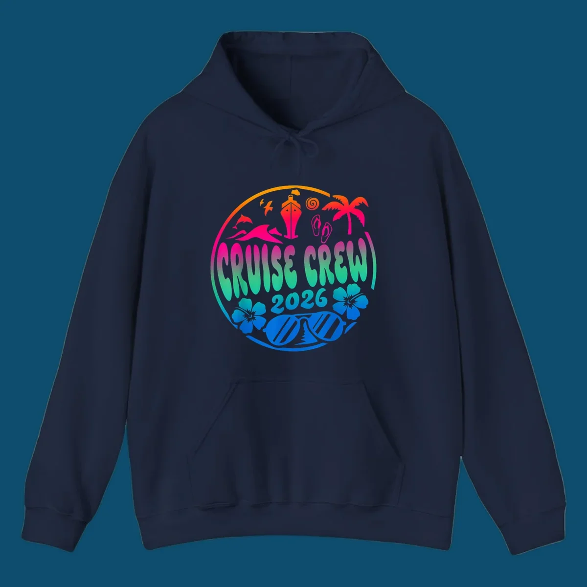 A colorful circular graphic for a family cruise crew 2026, featuring a ship, palm tree, dolphins, flowers, and sunglasses.