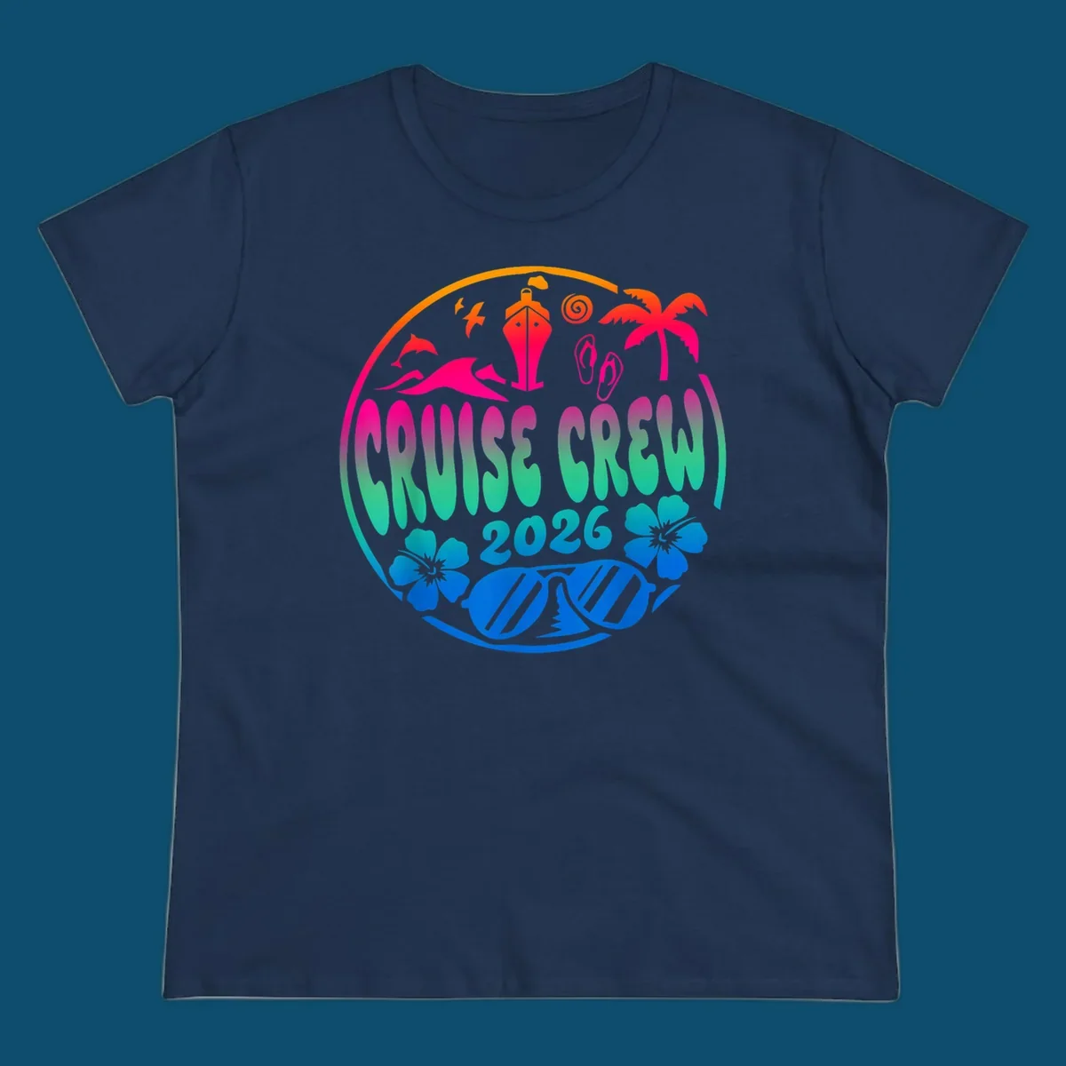 A colorful circular graphic for a family cruise crew 2026, featuring a ship, palm tree, dolphins, flowers, and sunglasses.
