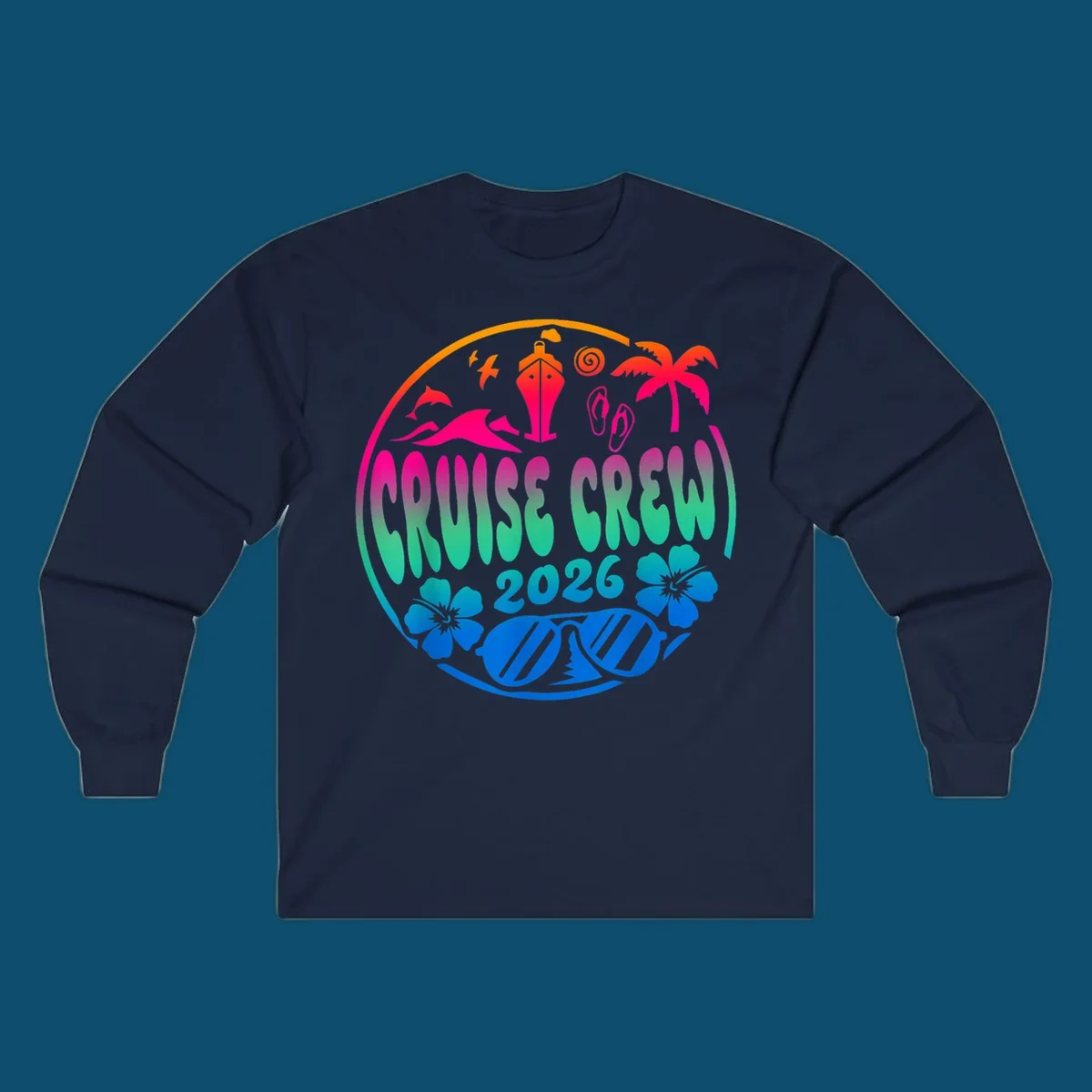 A colorful circular graphic for a family cruise crew 2026, featuring a ship, palm tree, dolphins, flowers, and sunglasses.