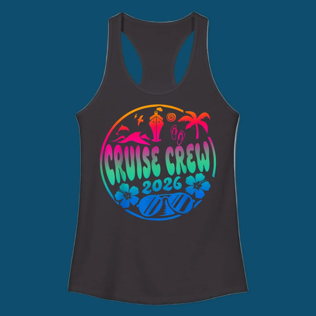 A colorful circular graphic for a family cruise crew 2026, featuring a ship, palm tree, dolphins, flowers, and sunglasses.