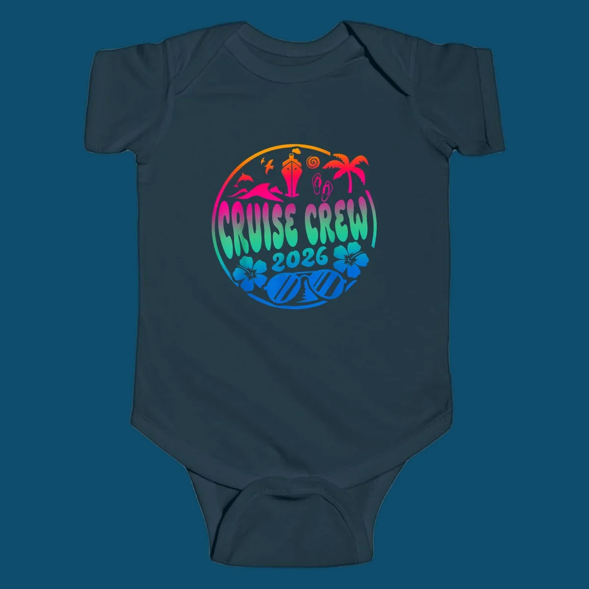A colorful circular graphic for a family cruise crew 2026, featuring a ship, palm tree, dolphins, flowers, and sunglasses.