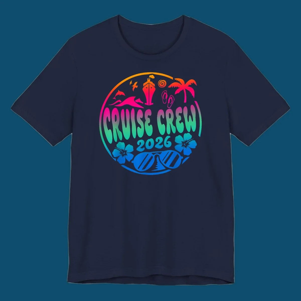 A colorful circular graphic for a family cruise crew 2026, featuring a ship, palm tree, dolphins, flowers, and sunglasses.